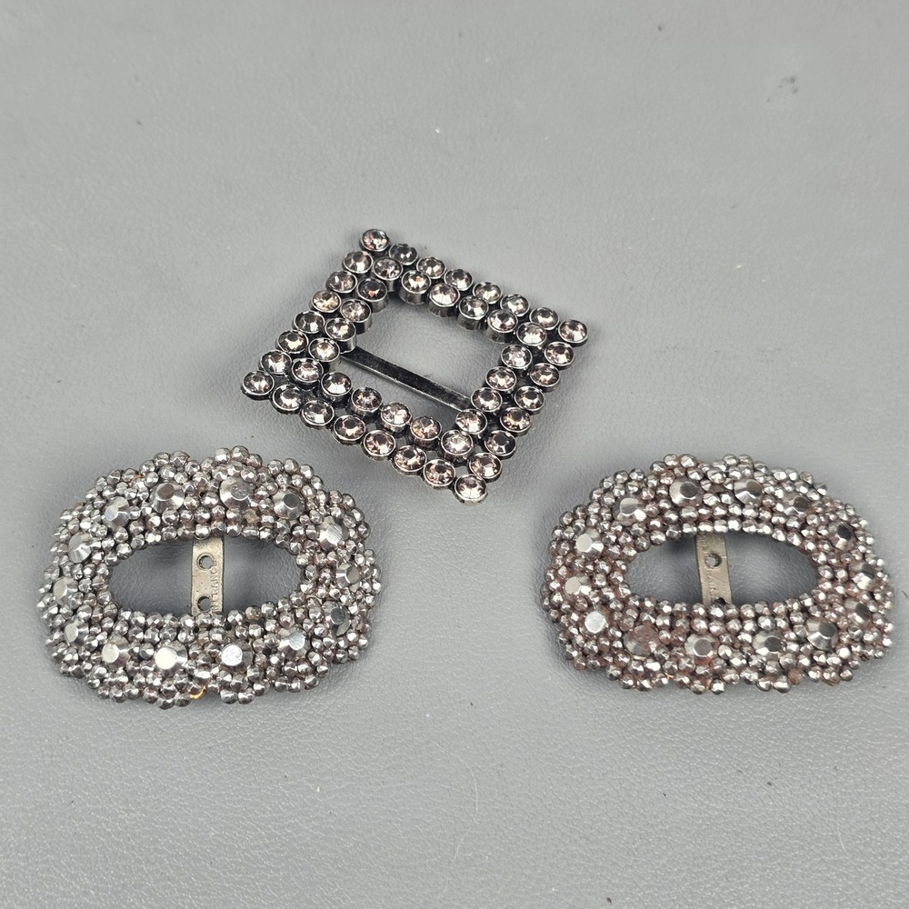 3 Vintage French Cut Steel Style Oval & Rhinestone Square Shoe Buckles
